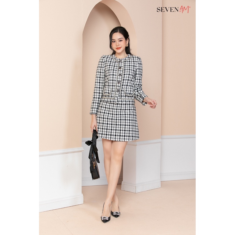 Chân Váy A Mã F700014N &amp; Áo Khoác Seven.AM Kiểu Dáng Lửng Tay Chất Dạ Họa Tiết Kẻ Đen Trắng Cổ Tròn Mã F351021N