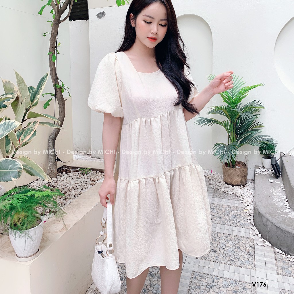 Váy baybydoll 2 tầng, cổ vuông,  tay bo phồng, đầm xuông rộng freesize 3 màu mã V176 - Michi's House