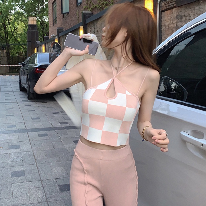 DUNEA Áo Hai Dây Kẻ Caro Quyến Rũ Hợp Thời Trang Cho Nữ