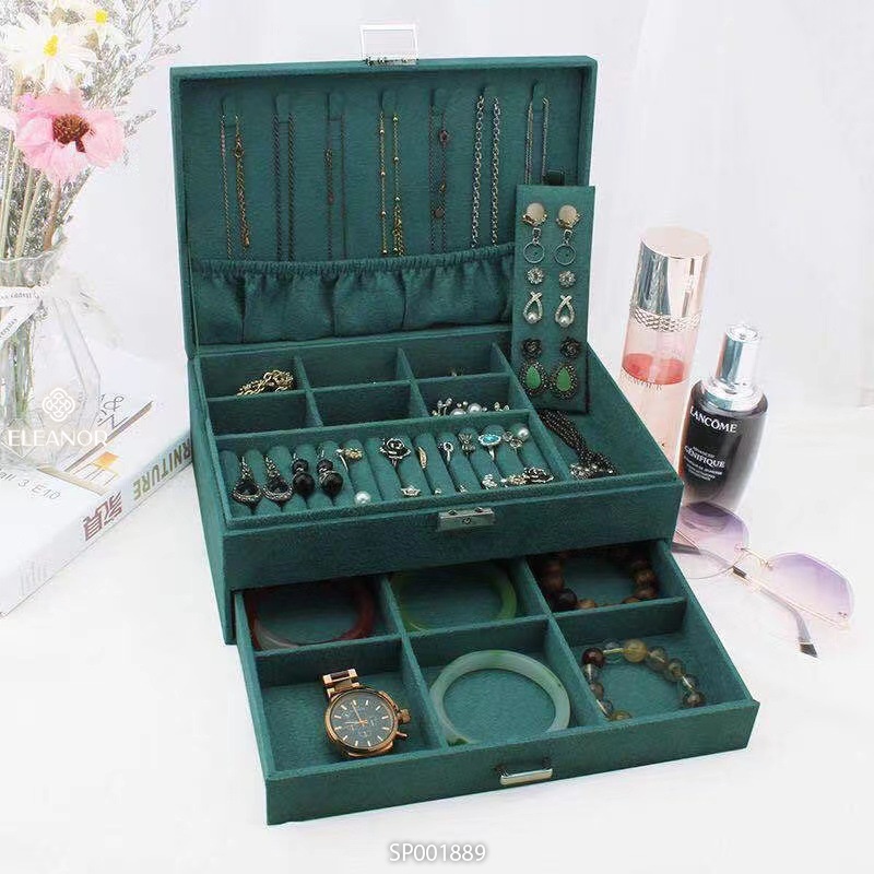 Hộp đựng trang sức nhung cao cấp màu xanh lá Eleanor Accessories nhiều ngăn có khóa phụ kiện trang sức 1888