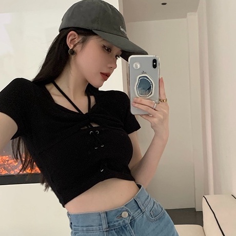 Áo croptop ZHELIHANGFEI dệt kim tay ngắn tạo kiểu nơ độc đáo quyến rũ dành cho nữ