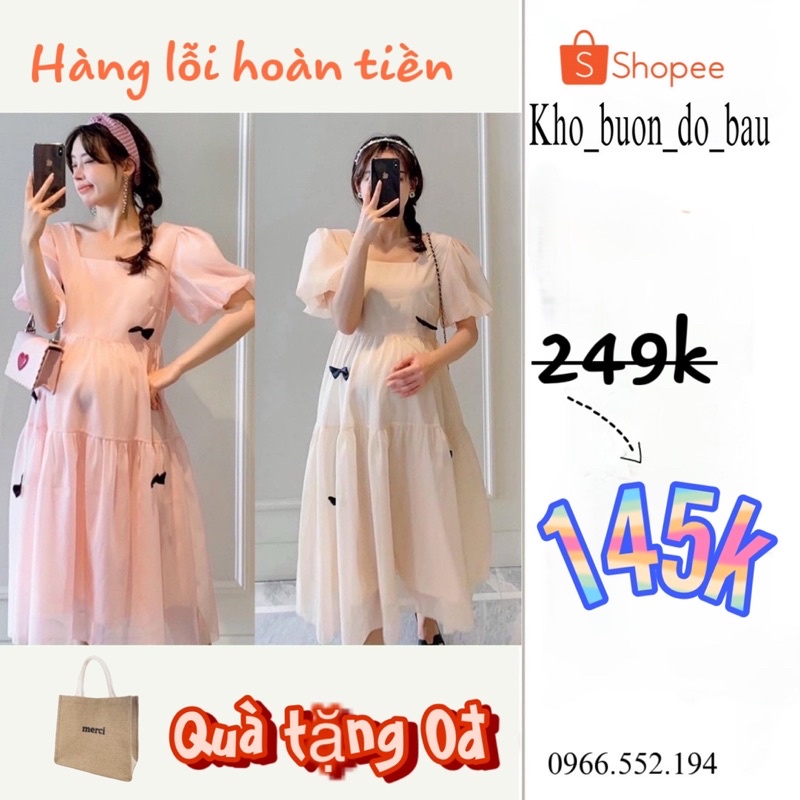 Đầm bầu tiểu thơ xinh xắn 2 lớp HOT TREND-Váy bầu babydoll dáng dài cổ vuông siêu xinh MinHa