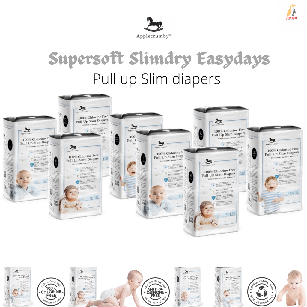 Tã/bỉm dán/quần Applecrumby Supersoft SlimDry Easydays Tape/Pull up Diapers S16/M15/L14/XL13/XXL12