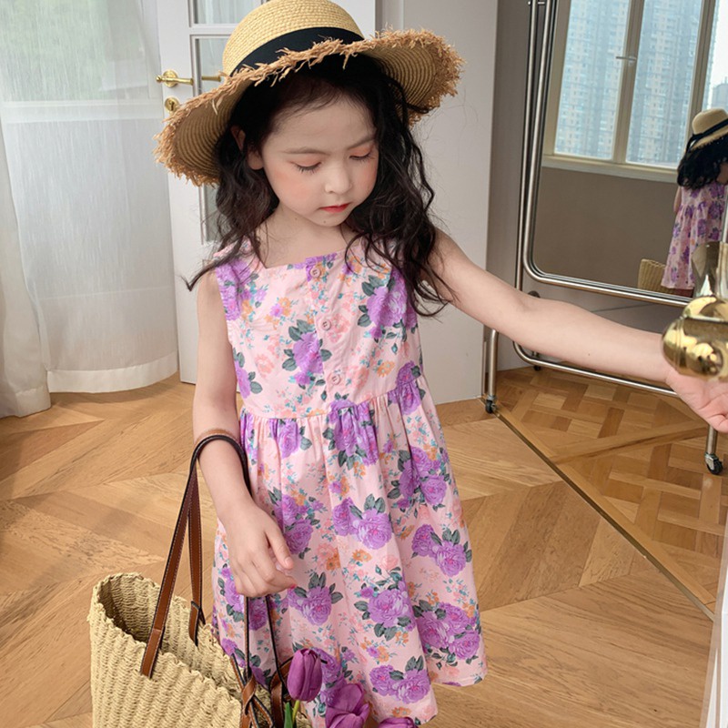 Đầm Cổ Vuông In Họa Tiết Phong Cách Hàn Quốc Thời Trang Mùa Hè Xinh Xắn Cho Bé Gái