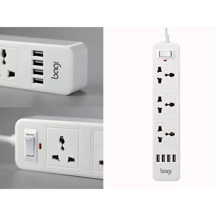 Ổ cắm điện đa năng thương hiệu Bagi có 3 ổ điện, 4 cổng usb.