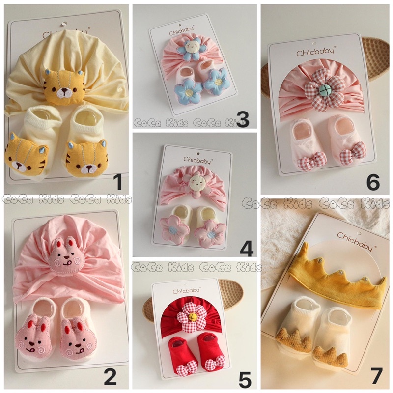 Set mũ turban kèm tất hình thú siêu dễ thương cho bé