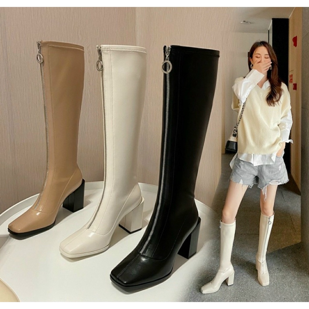 Video + Ảnh thật Boot đùi nữ khóa trước da lỳ mềm gót trụ cao 7p sang chảnh