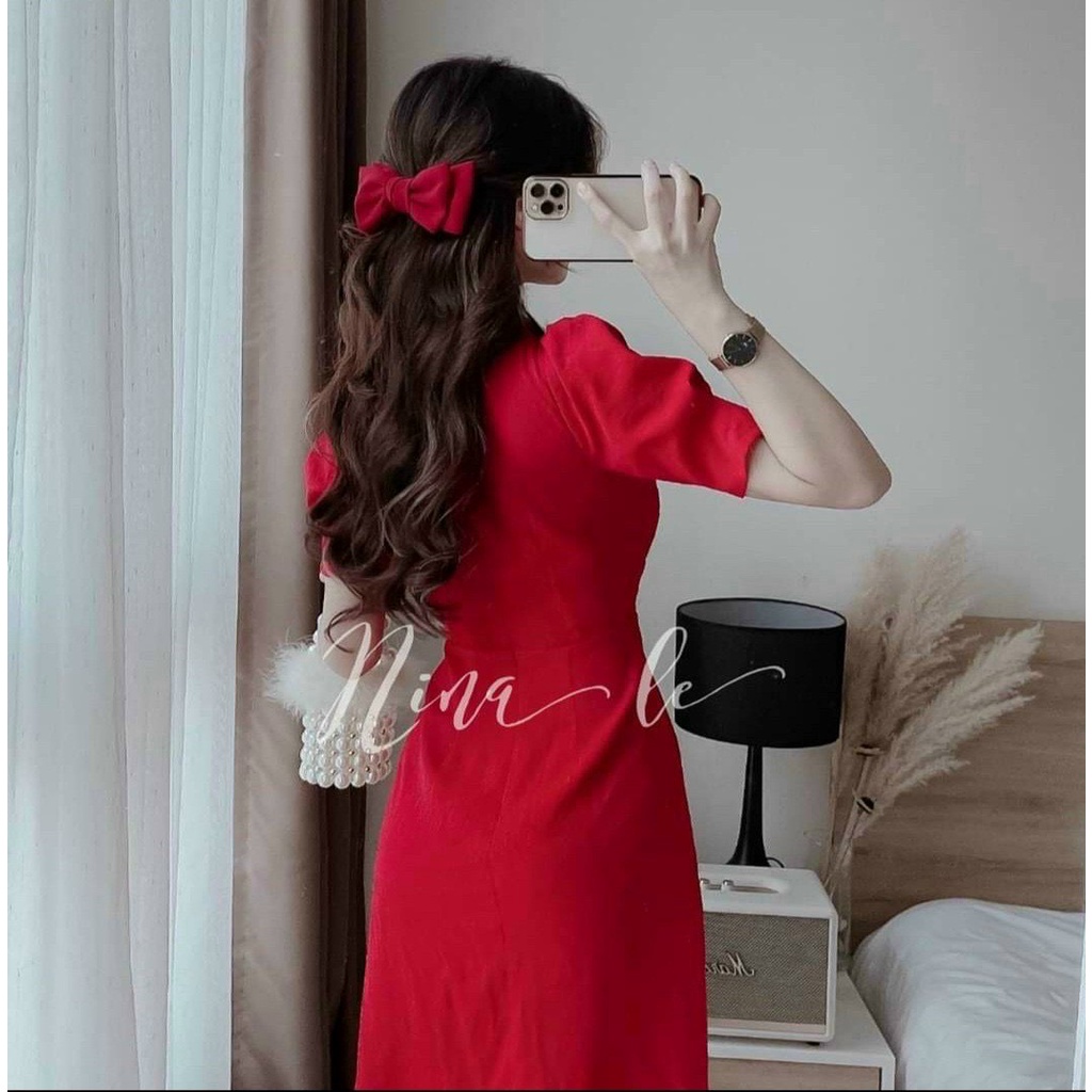 Đầm váy nữ cổ giả yếm tay ngắn ôm điệu đà nữ tính ( chất liệu lụa nhung ) mẫu phù hợp mọi phong cách