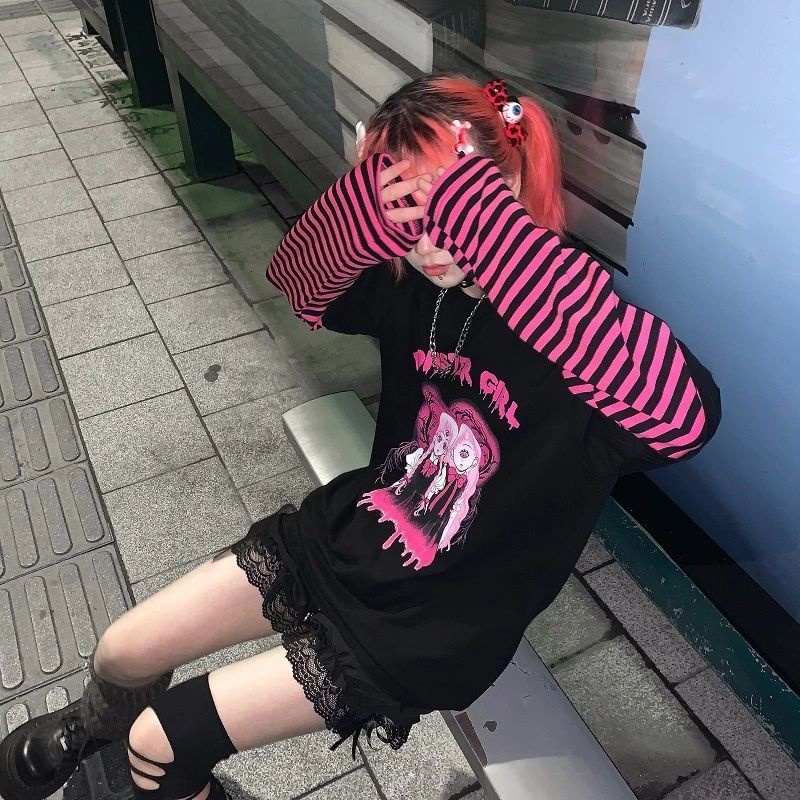 Áo thun đen tai dài dáng rộng phong cách Harajuku thời trang cho nữ