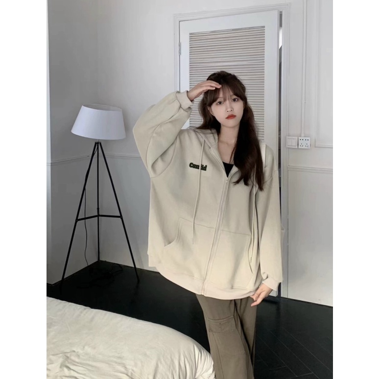 Áo Khoác Nỉ Nữ Dây Khóa Kéo Thêu Logo Chữ Nón Lớn Có Dây Rút Mũ Phối Túi Hộp NEW UNISEX