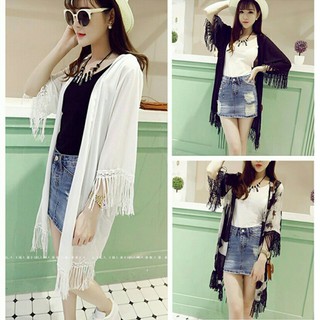Áo Khoác Cardigan Tua Rua Dáng Dài  Đen Trắng Freesize