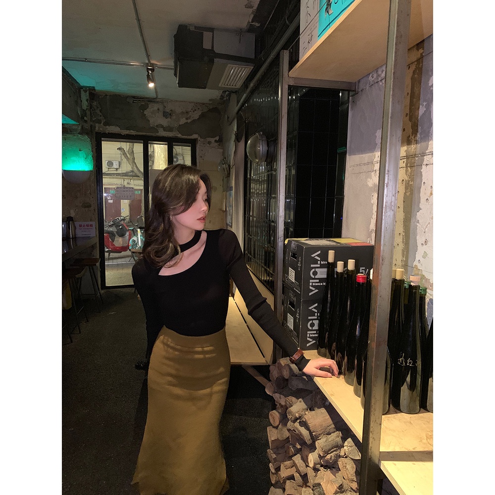 QKOOLE  Áo len tay dài màu đen dáng ôm phong cách Hàn Quốc thời trang cho nữ