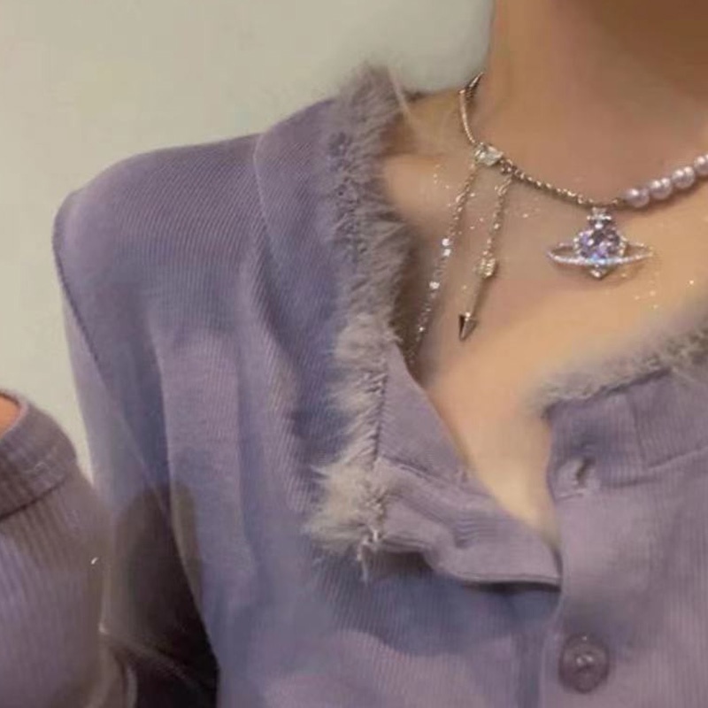 1 Vòng Cổ Choker Đính Đá Và Ngọc Trai Nhân Tạo Màu Tím Phong Cách Hàn Quốc Cổ Điển Cho Nữ