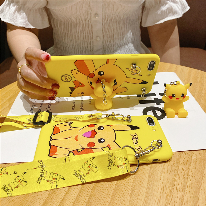 Ốp điện thoại mềm họa tiết Pikachu có dây đeo dành cho iPhone 6 6s 7 8 Plus X XS Max XR 11 Pro Max