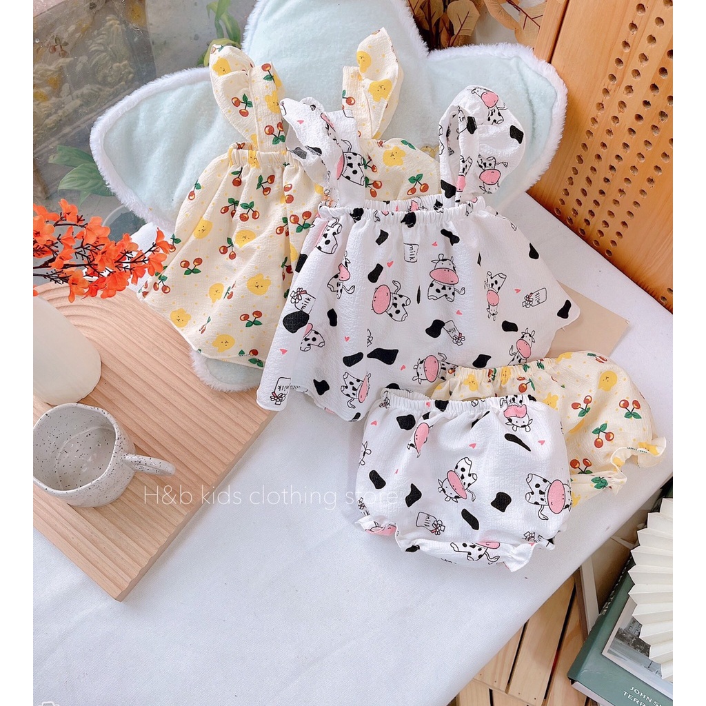 Bộ đồ hai dây cánh tiên vải đũi xốp họa tiết đáng yêu cho bé gái từ 6 – 16kg