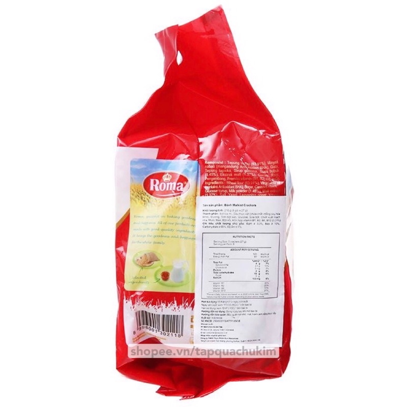 Bánh quy giòn phủ đường ROMA MALKIST sugar crackers bịch 216G  Indonesia
