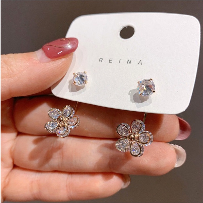Khuyên tai hình cánh hoa đính đá zircon phong cách Hàn Quốc sang trọng thời trang cho nữ