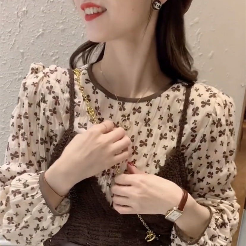 Set áo sơ mi tay dài họa tiết hoa + áo khoác voan thời trang mùa thu mới 2021