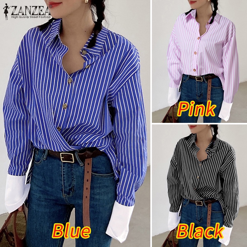 Áo sơ mi ZANZEA tay dài cổ bẻ họa tiết kẻ sọc thời trang dành cho nữ