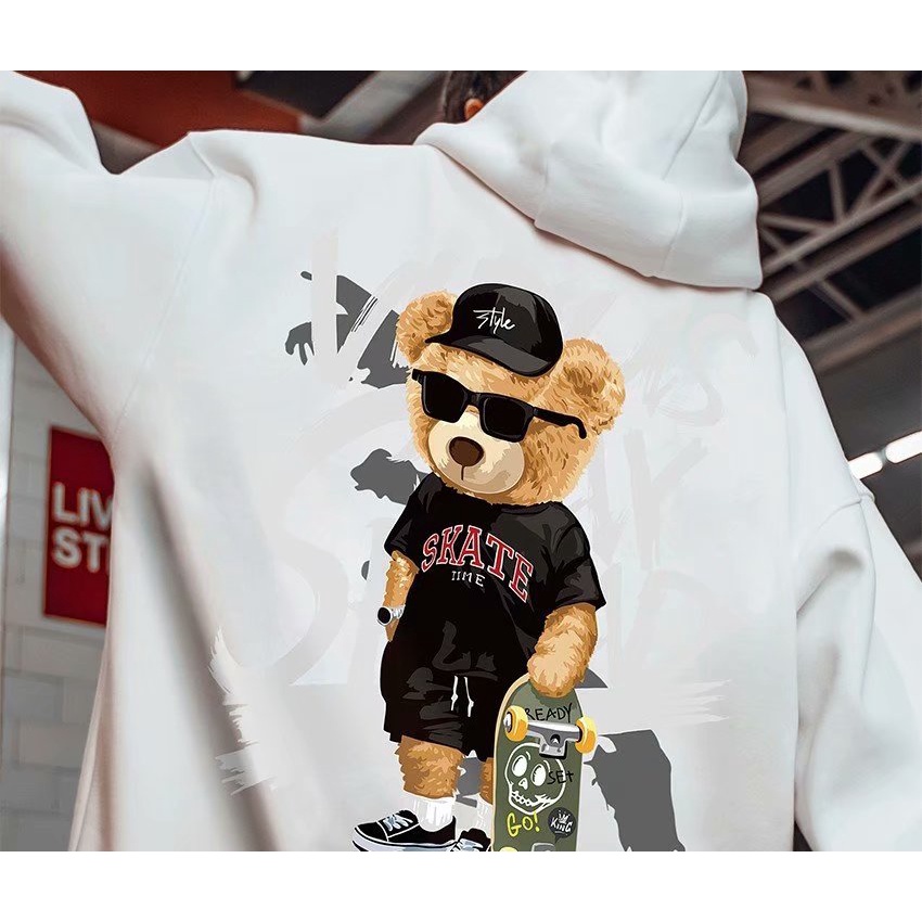 Áo hoodie dáng rộng in hình gấu hoạt hình phong cách Hàn Quốc thời trang mùa đông cho nam size M-5XL