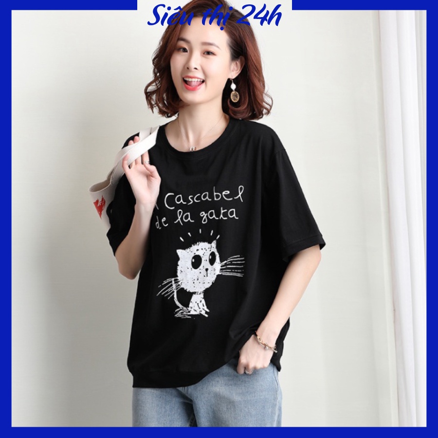 Áo thun form rộng tay lỡ, áo phông unisex Siêu thị 24 giờ in hình Mèo, chữ Cascabel dela gaka