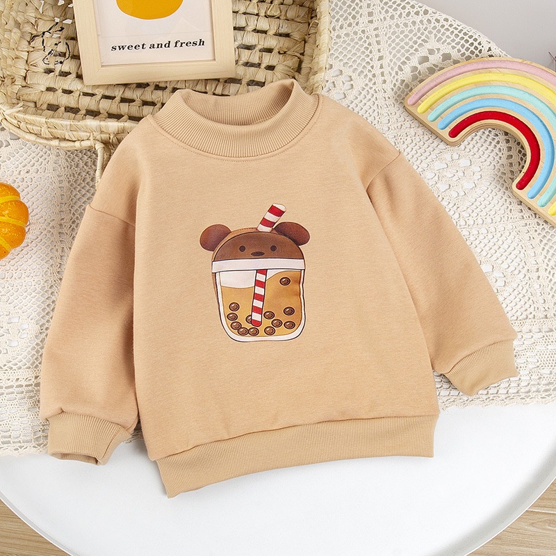 Áo Sweater Lông Cừu Dày In Hình Ly Trà Sữa Gấu Kem Phong Cách Phương Tây Cho Bé Gái