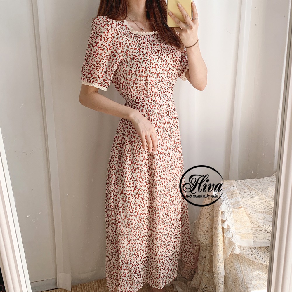 Váy hoa nhí ren trắng tay ngắn ulzzang dáng dài vintage , Đầm dự tiệc cổ vuông chiffon (video ảnh thật)