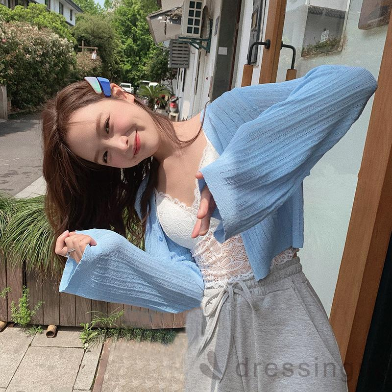 Áo Dệt Kim Tay Dài Cổ Chữ V Màu Sắc Đơn Giản Cho Nữ