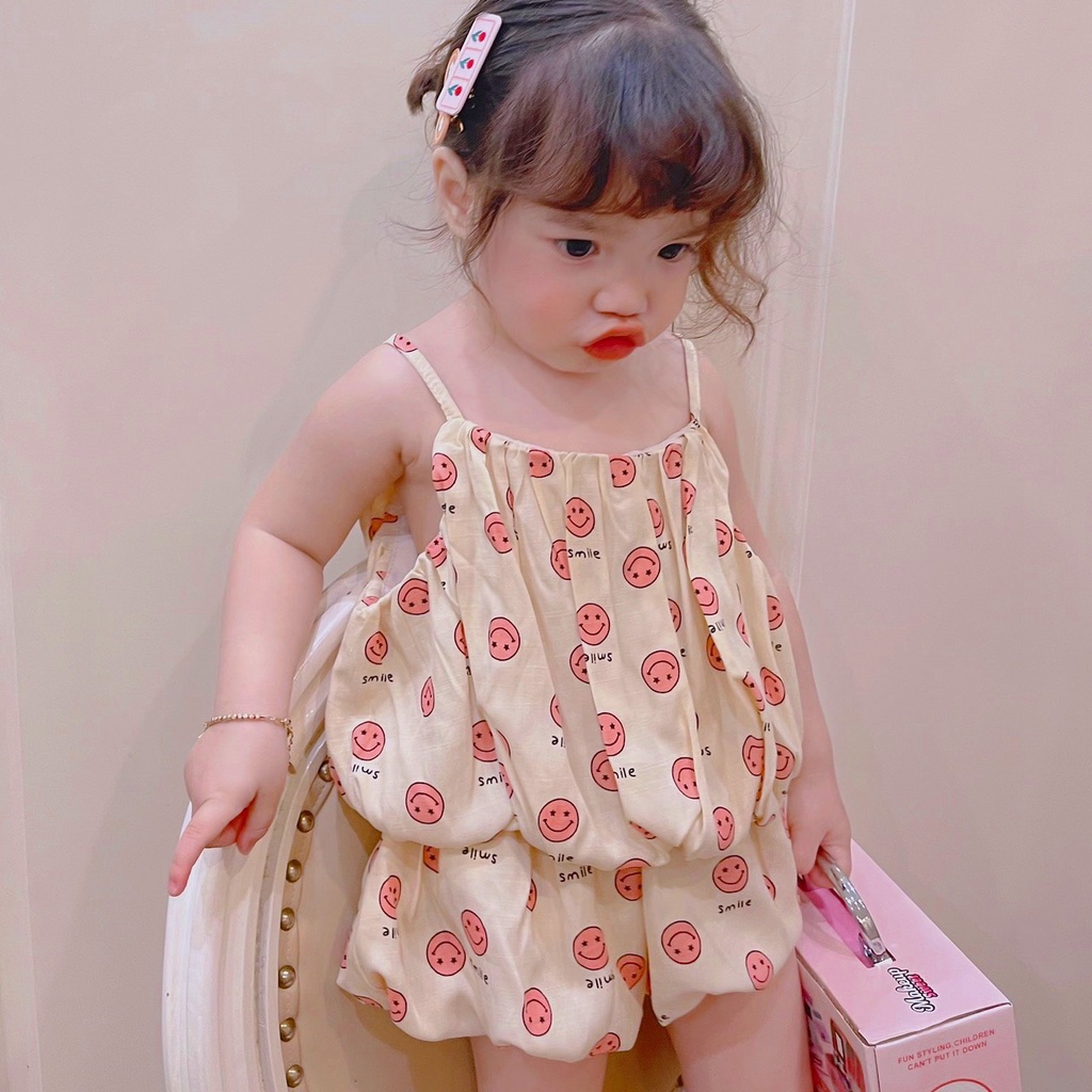 Bộ bé gái 2 dây chát đũi hình mặt cười 3 mầu Hồng, Xanh và Vàng XHN948