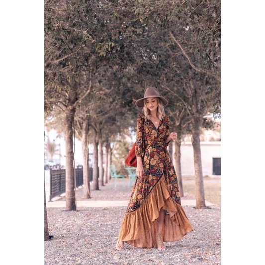 Váy vintage Âu Mỹ thắt eo in hoạ tiết siêu đẹp hàng QC