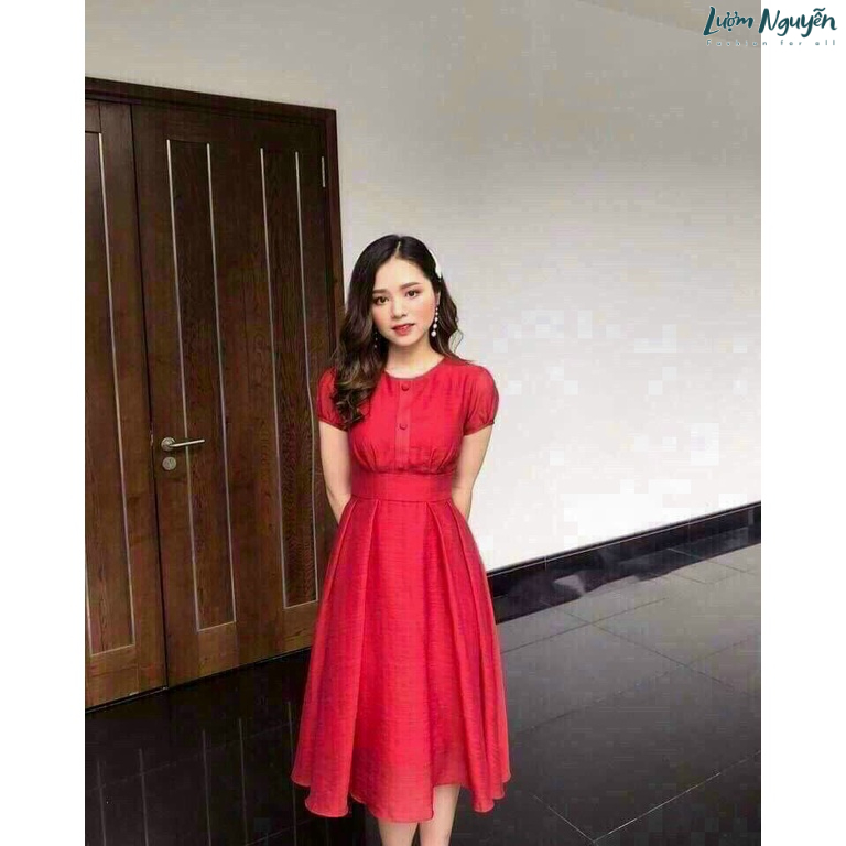 Đầm tiểu thư tay con đính nút ba màu xanh trắng và đỏ