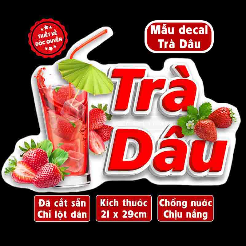 Decal TRÀ DÂU trang trí quán hình ly trà dâu, sinh tố, cà phê, rau má, trà sữa,Sticker, Decal dán tường, tủ, kính...