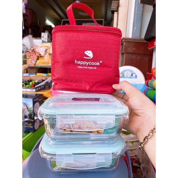 Bộ 2 hộp thủy tinh tròn/vuông 400ml Happy Cook kèm túi giữ nhiệt( Mẫu ngẫu nhiên) | BigBuy360 - bigbuy360.vn
