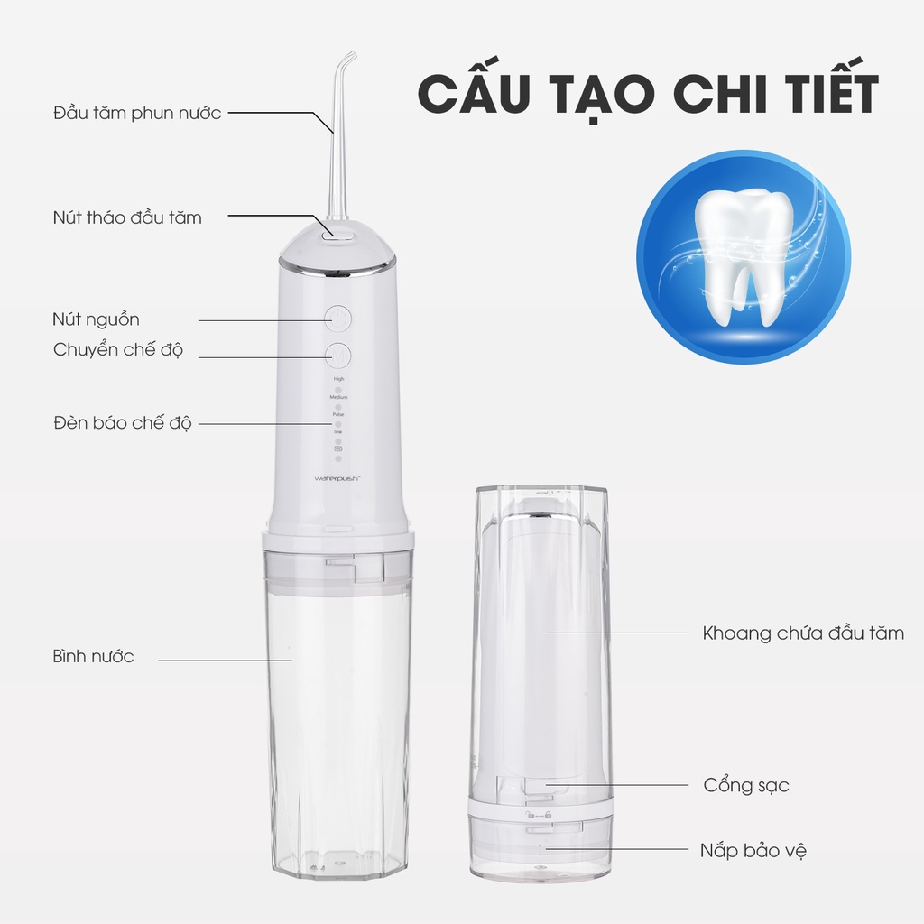 Combo Máy tăm nước Du Lịch WaterPush 1904 màu Trắng + Kem đánh răng Phoca chính hãng Thái Lan