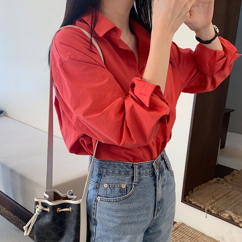 Áo sơ mi nữ form rộng công sở kiểu màu đỏ dài tay vintage hàn quốc cao cấp trơn sm60 kozoda
