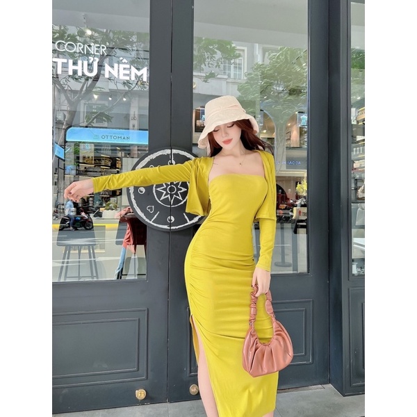 Set đầm body kèm áo khoác QC phom dài co giãn trẻ trung năng động