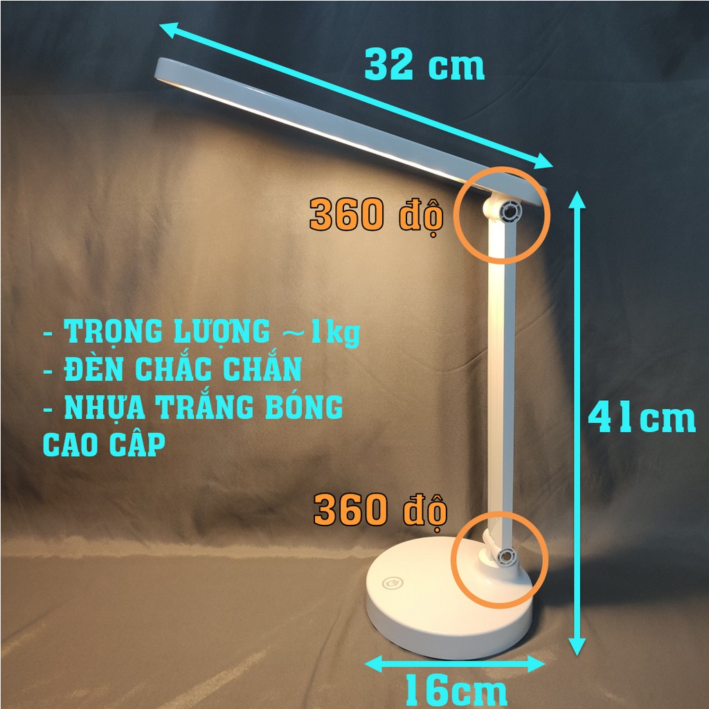 Đèn học chống cận tích điện, 3 màu ánh sáng, điều chỉnh dimming, 8-10h sử dụng