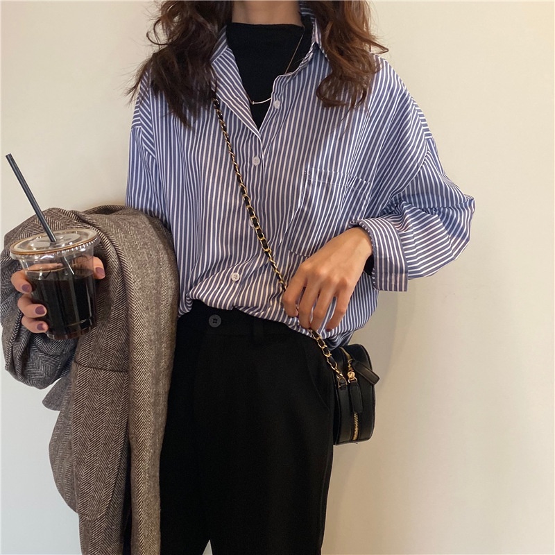 Áo sơ mi kẻ sọc phong cách Hàn Quốc thiết kế mới dành cho nữ