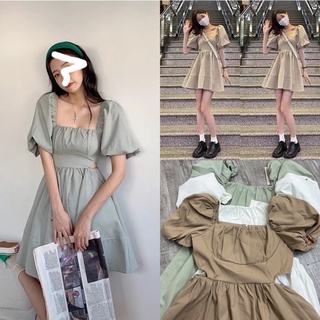 Váy cổ vuông tay bồng cut out eo, váy babydoll thiết kế tiểu thư cực xinh