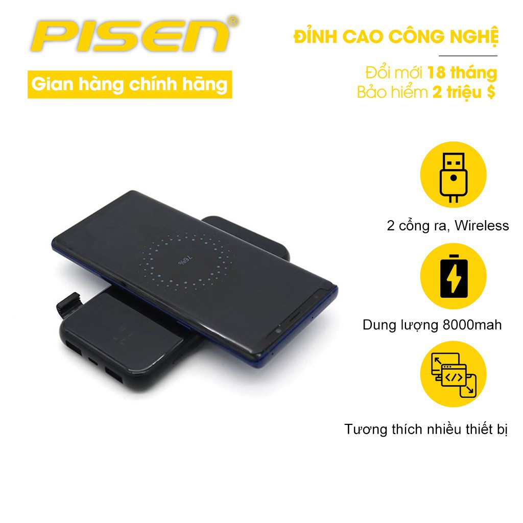Sạc dự phòng Pisen Wireless 8000mAh (Dual Mode, Dual USB 2A Smart, LED) - Hàng Chính hãng