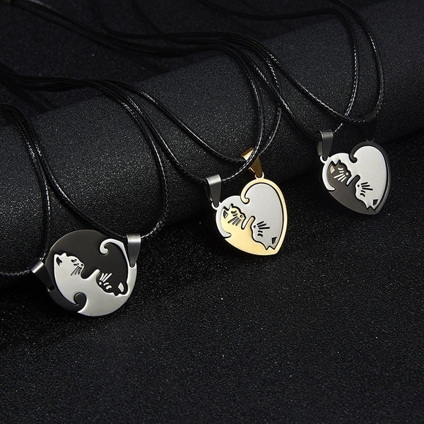 Set 2 Vòng cổ Mặt Mảnh Ghép Trái Tim Trắng Đen Bằng Thép Không Gỉ Dành Cho Các Cặp Đôi