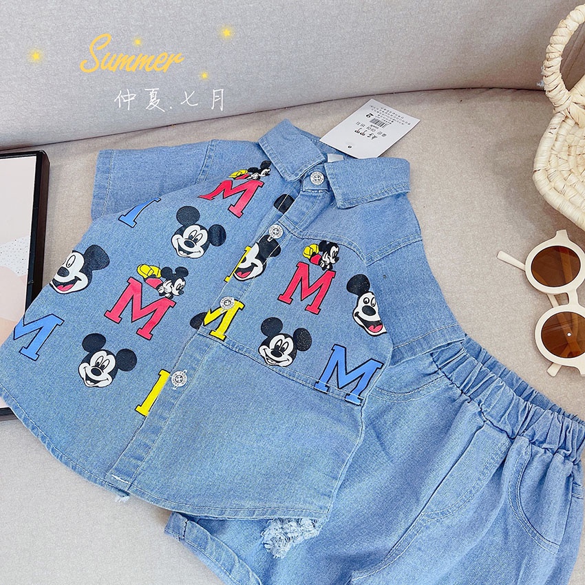 Bộ Quần Áo Bò Cộc Tay Trẻ Em In Hình Mickyy Dễ Thương Cho Bé Gái Từ 8-30kg Mã CT62