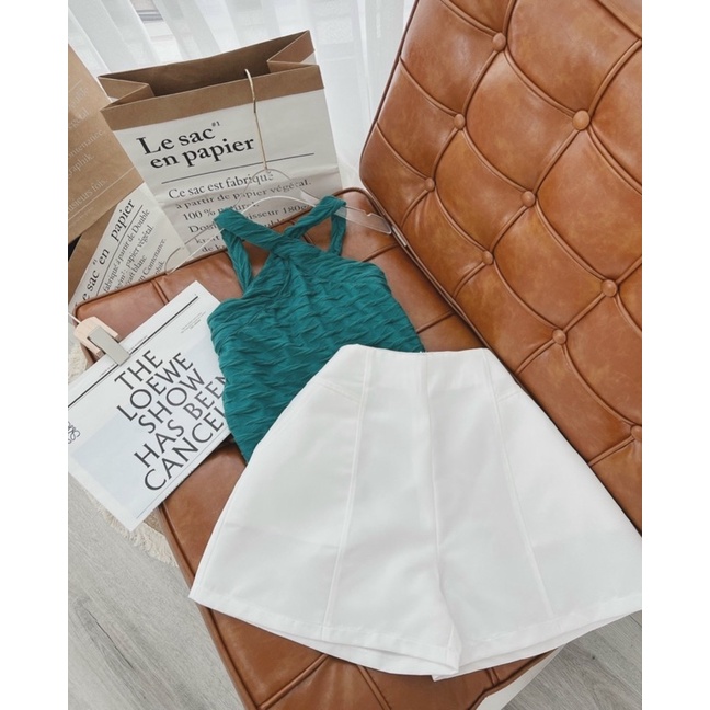 SET ÁO XỐP XANH DÂY YẾM CHÉO + SHORT TRẮNG