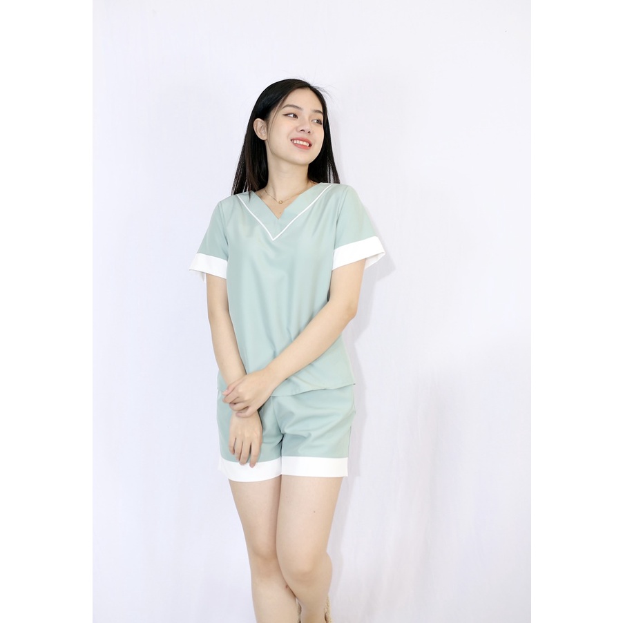 Set đồ bộ pijama nữ D4 XANH ĐẬU cổ tim tay ngắn quần ngắn vải Lụa 106 Thoải Mái Nhẹ Nhàng
