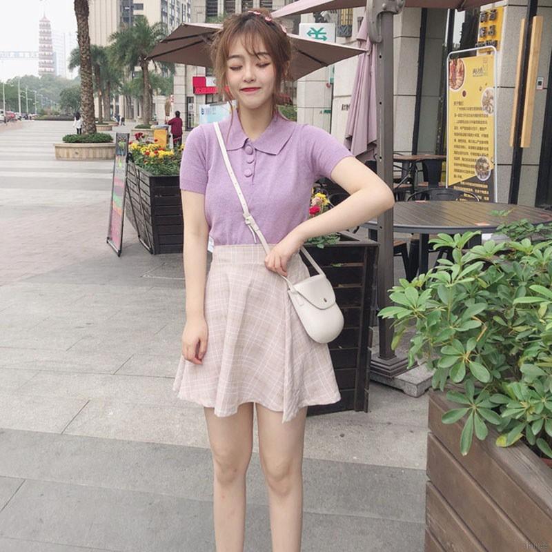 Áo thun polo nữ dệt kim tay ngắn màu kẹo ngọt | BigBuy360 - bigbuy360.vn
