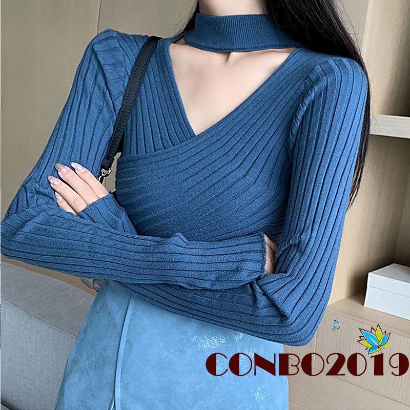 Áo len lửng tay dài cổ chữ V màu xanh/đen/trắng