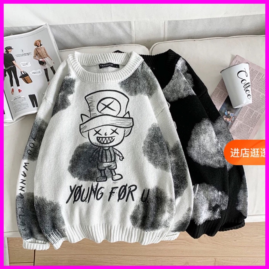 Áo len nam họa in tiết hình băng đảng mũ rơm độc đáo và thanh lích