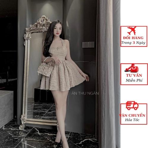 Váy gấm nữ cổ yếm thắt nơ hở lưng ôm body dáng xòe tiểu thư bánh bèo đi biển tiệc cưới ulzzang Hàn Quốc