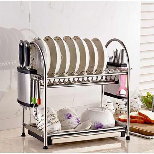 Kệ để bát đĩa kèm ống gài dài ống cắm đũa đa năng bằng inox 304 không gỉ sét H38
