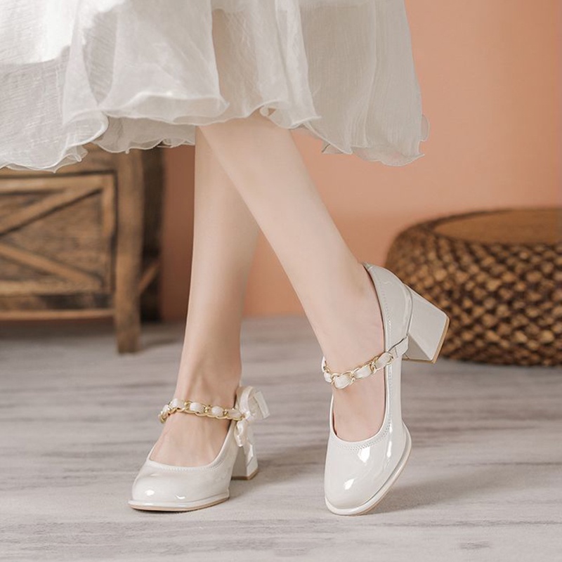 Giày Cao Gót Da Mũi Vuông Đính Nơ Thời Trang Cho Nữ